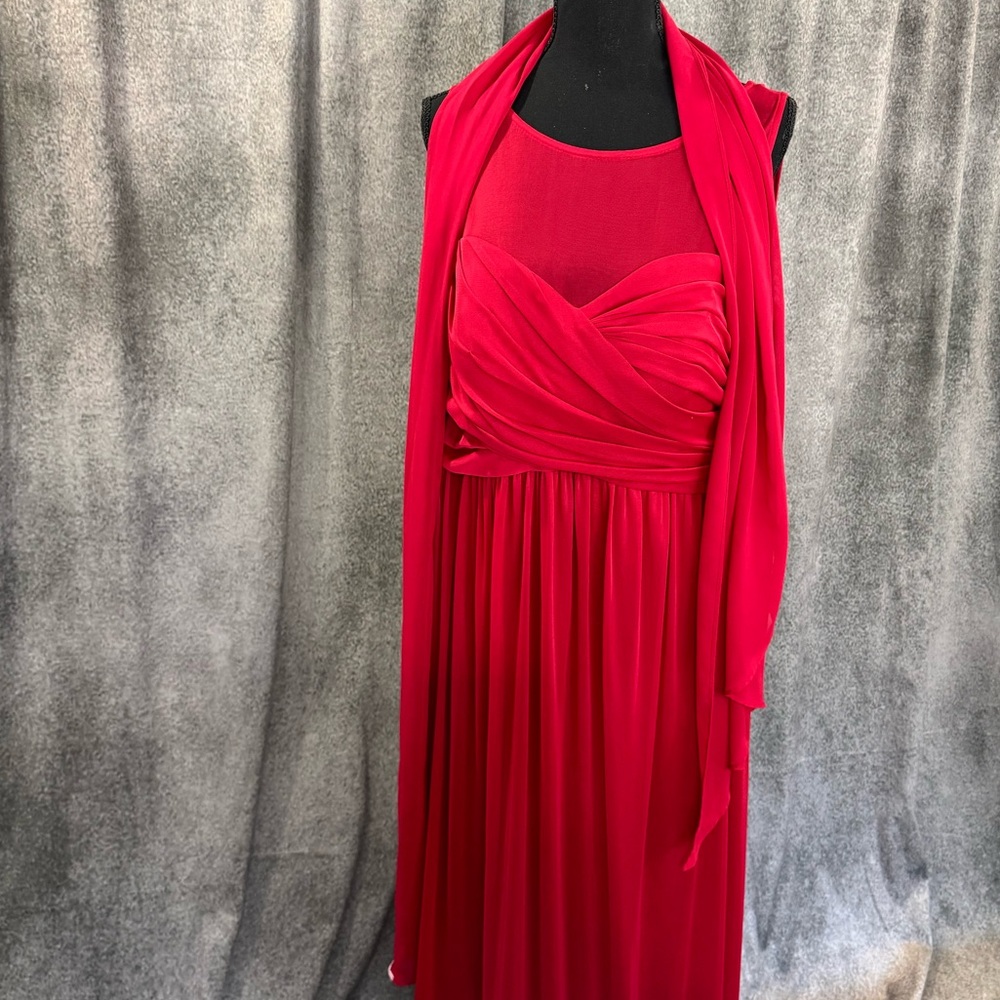 David's Bridal Red Ruched Bodice Maxi Dress with Drape